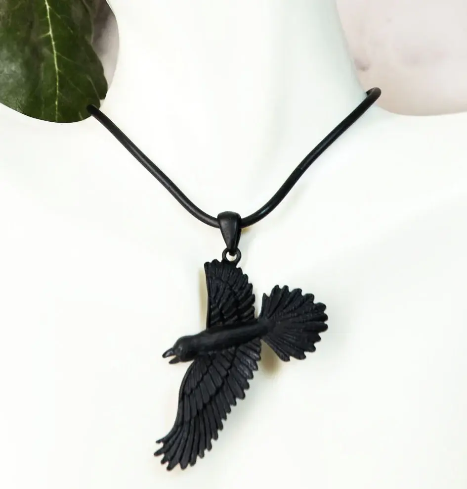 Ebros Gothic Black Raven Crow Scavenger Pewter Pendant Medallion Necklace, 1.5" Wide, 15" Long, 2.25" High, Unisex Home Decor Statue Accessory