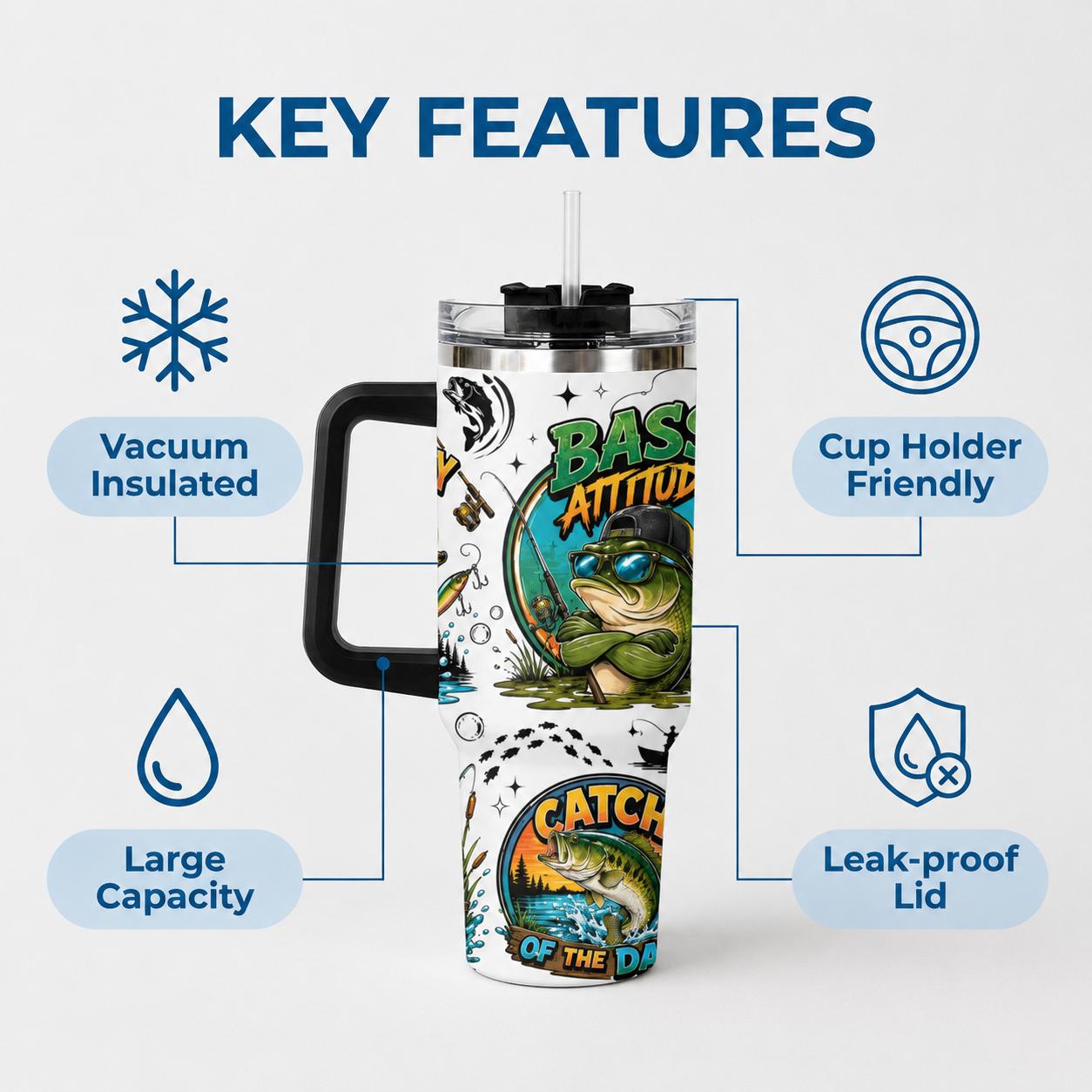 GuLuBoo Bass Fishing Vacuum Flasks 40oz Stainless Steel Insulated Tumbler, Leak-proof Travel Mug with Straw, Portable Water Bottle for Coffee, Gym & Office, Creative Drinkware Cup Ideal Holiday Gift