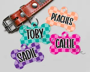 Checker Print Retro Pattern Personalized Pet Dog Name ID Tag Double Sided Aluminum Custom Dog Puppy ID Tag Multiple Colors