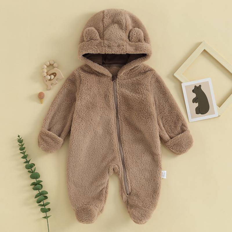 Newborn Baby Boys Girls Bear Ear Fleece Jumpsuits Outfit Long Sleeve Hooded Romper Winter Warm Snowsuit Clothes