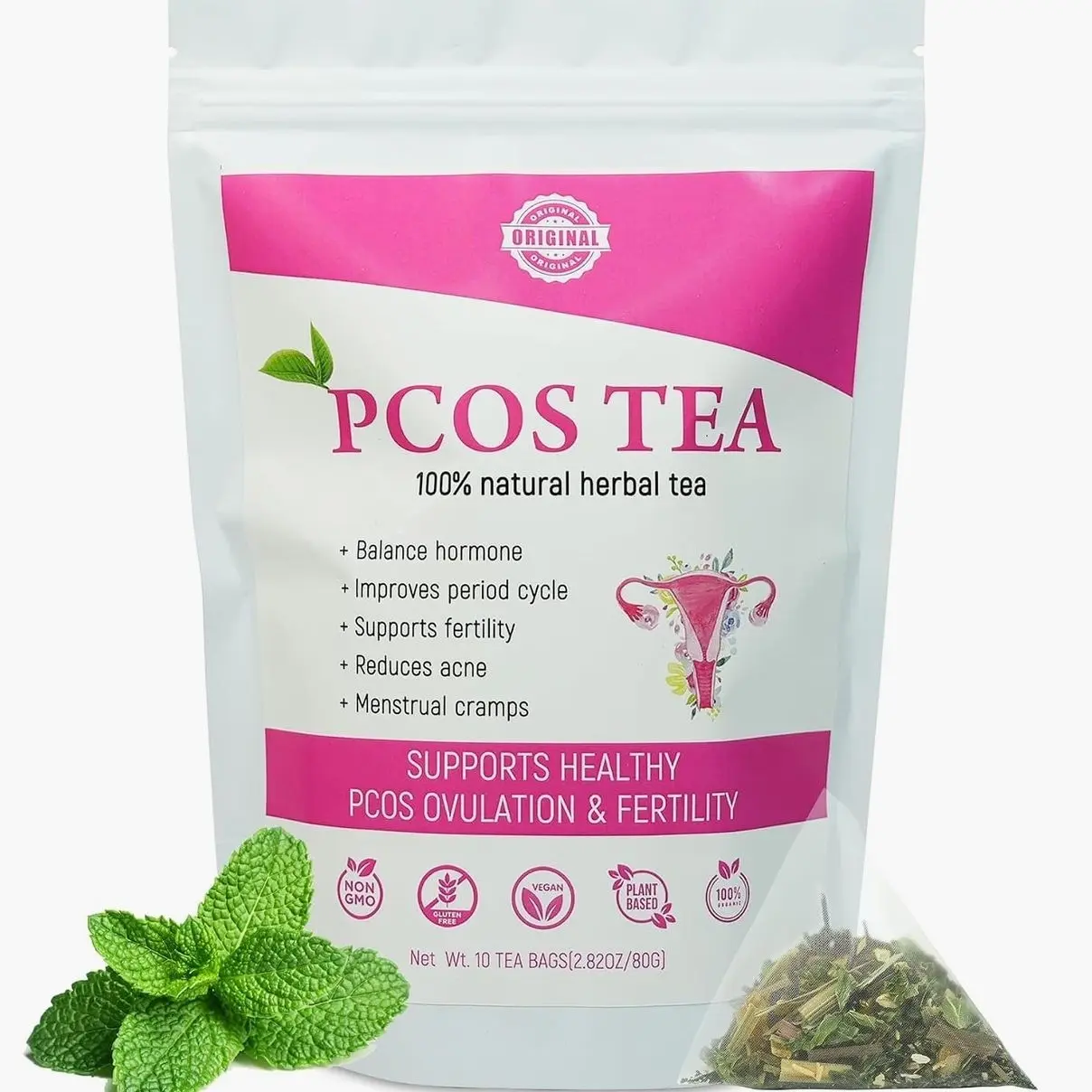 Laicuherb PCOS Spearmint Tea, for Women Hormone Balance & Promote Relaxation and Helps with Hirsutism and Acne, 10 Tea Bags Organic Spearmint Tea for Healthy Ovulation and Fertility