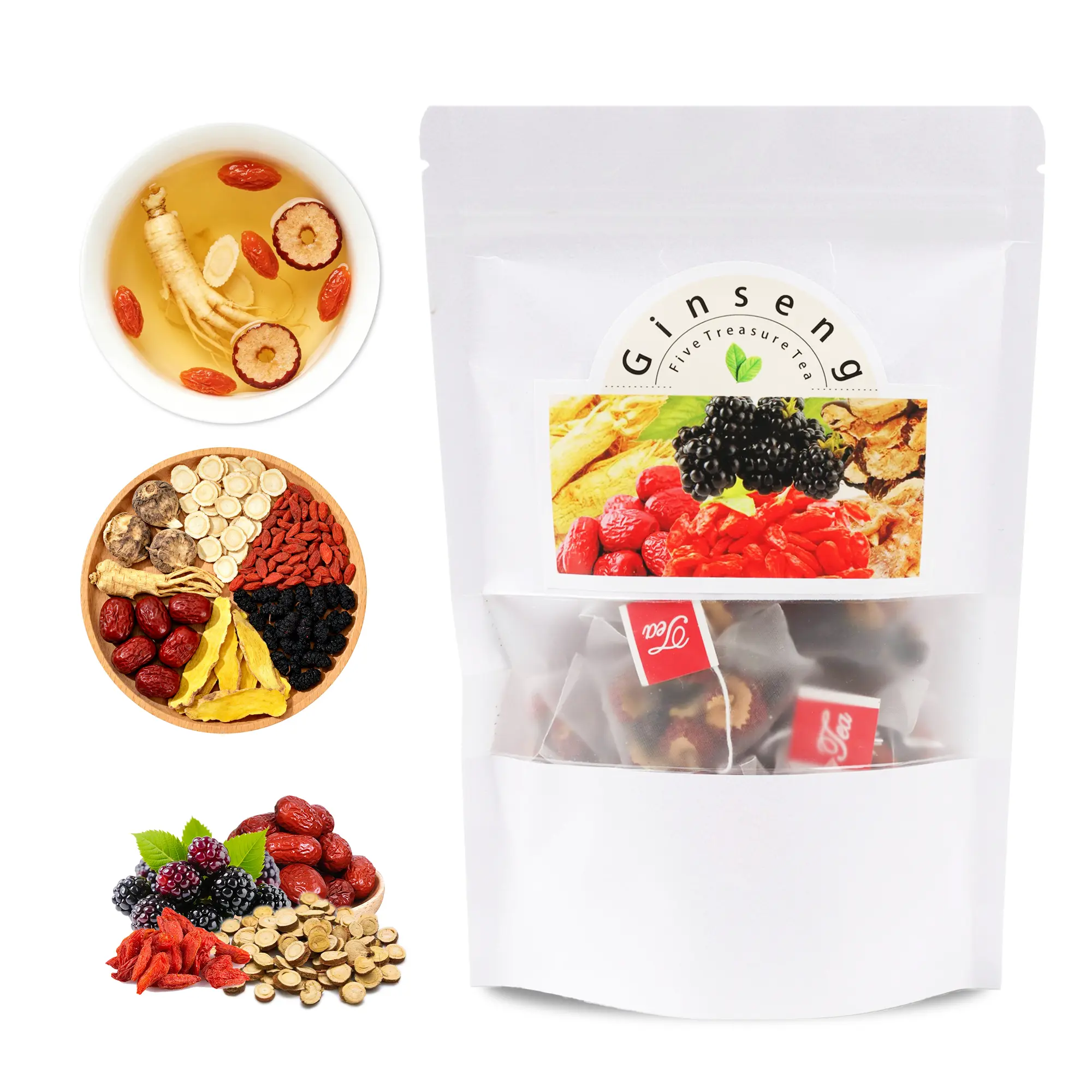 Ginseng Five Treasure Tea - Combination Scented Natural Herbal Ingredients Chinese Kidney Detox Beverage Anti Inflammatory Tea for Men & Women, Detox Tea Blend, Healthy Kidney Tea,summerwins