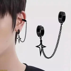 Non-Piercing Bold Chain Stainless Steel Ear Clip, Edgy Hip Hop Ear Cuff, Men's Earrings, Urban Streetwear-Festival Wear Fashion Accessories