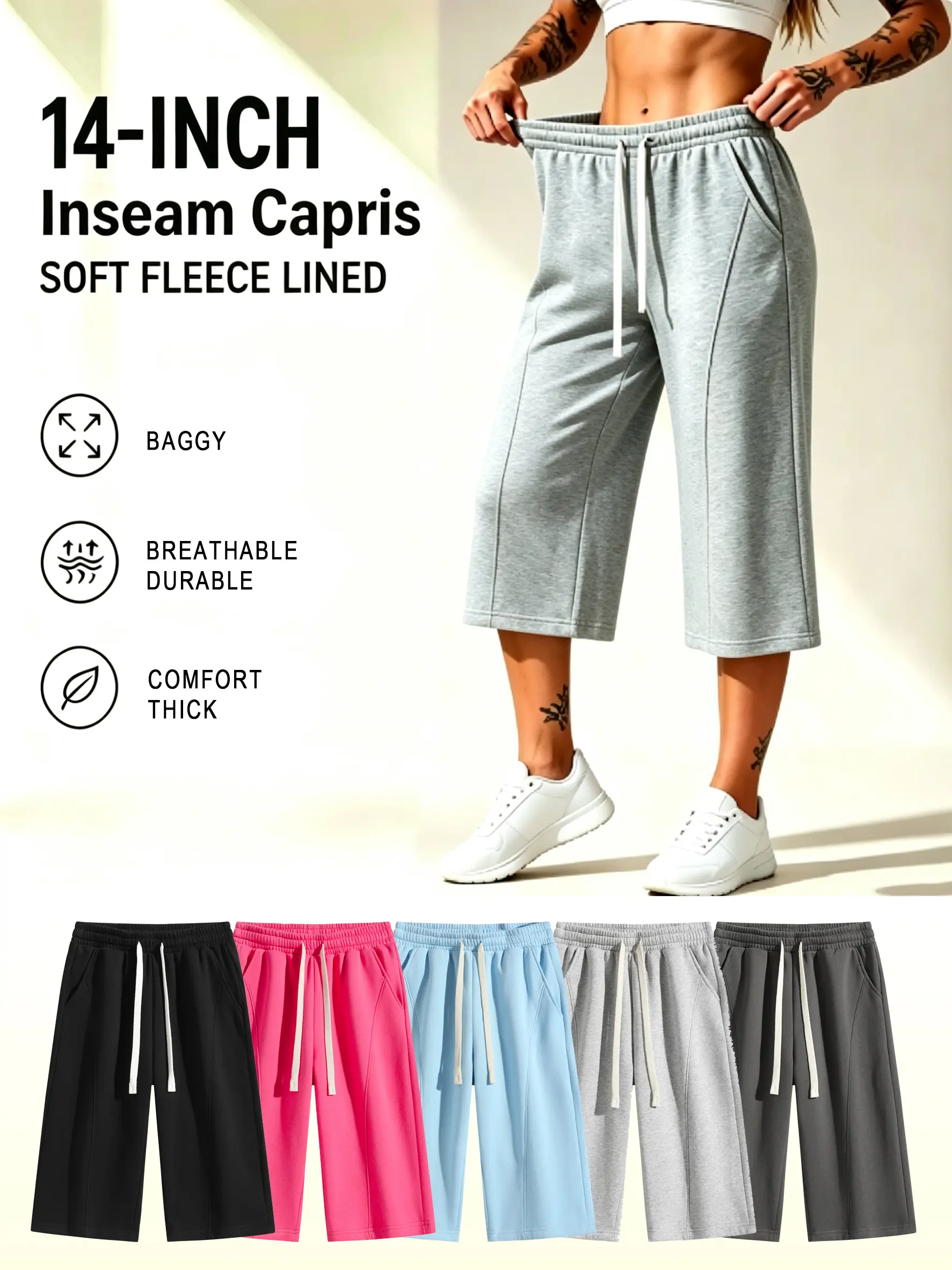 Women's Baggy Basic Fleece Lined Capris, Soft Fabric and Relaxed Fit, Solid Color Durable and Not Easily Deformed Cropped Pants,  Boyfriend StreetStyle Loungewear Long Sweat Shorts