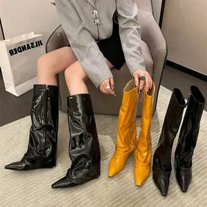 In Stock Womens Boots ENMAYER High Quality Pointy Toe Shark Boots Sexy Wedge Heels Ankle Boots