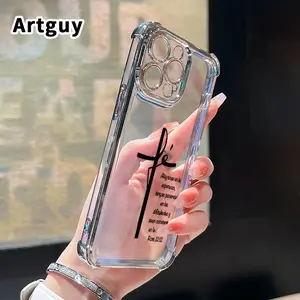 Electroplated Four Corner Anti-Fall Faith Cross Pattern Phone Case for iPhone 16 Pro Max 15 Plus 14 13 12 11 E Shockproof Transparent Protective Cover