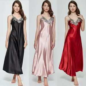 Women Satin Silk V Neck Pajama Long Nightdress Sleeveless Sleepwear