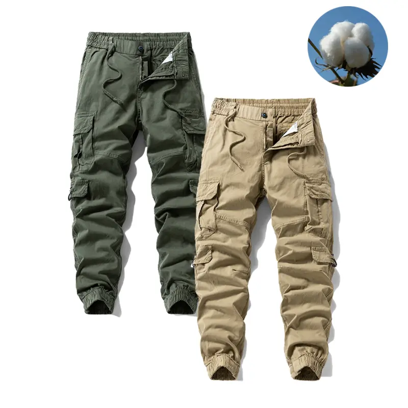 2 Pack Men's Cotton Blend Jogger Cargo Pants Elastic Drawstring Waist Multi Utility Pockets Relaxed Fit Outdoor Work Hiking Casual Trousers comfortable aesthetic fatigue men zipper durable wear autumn military streetwear activity breathable all-season