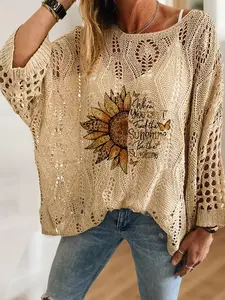 Women's Bohemian Sunflower Patchwork Floral Butterfly Animal Print Knit Top, Casual Elegant Vacation Style, Comfortable Breathable Batwing Long Sleeve Shirt