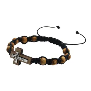 Catholic Cross Rosary Bracelets for Women Men 8mm Wood Beads Braided