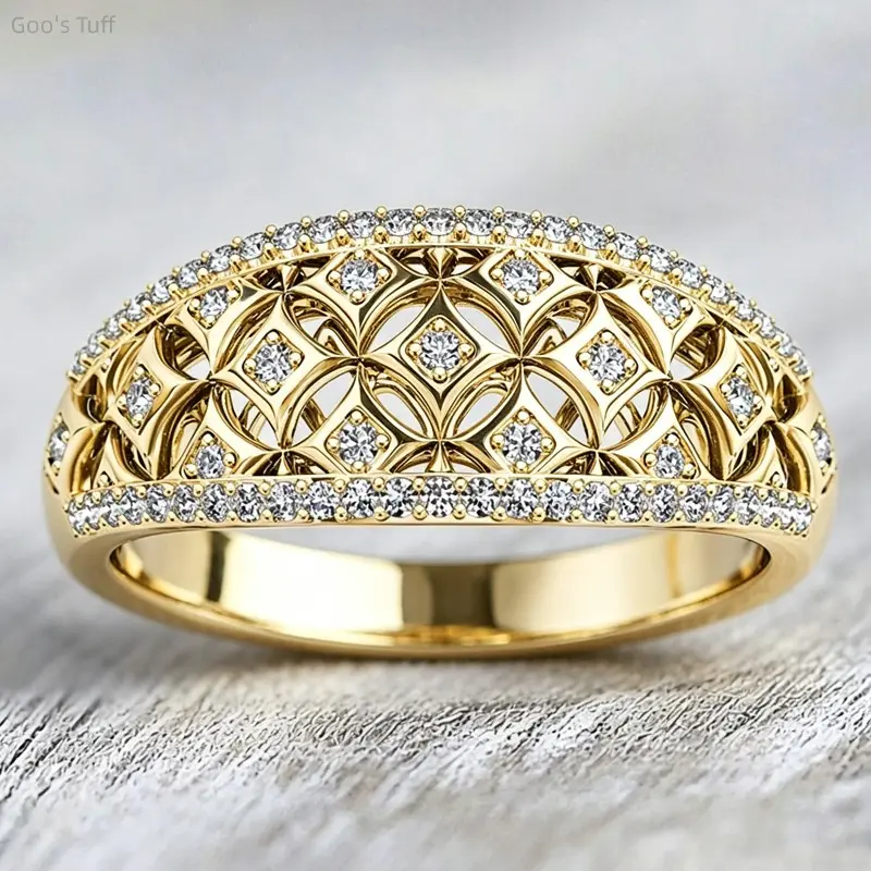 Vintage Hollow Rhombus Wide Finger Ring - Double Layer Dense Paved Crystal Floral Design, Viral Old Money Costume Jewelry for Daily & Party Use, Premium Gift