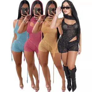 Women's 3-Piece Sequin Knit Set, Sexy Halter Cutout Top Shorts & Hood Outfit, Mesh Baddie Clubwear