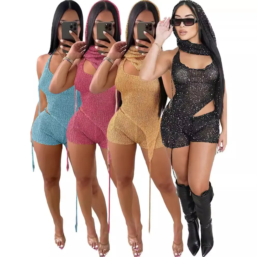 Women's 3-Piece Sequin Knit Set, Sexy Halter Cutout Top Shorts & Hood Outfit, Mesh Baddie Clubwear