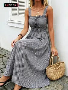 Elegant Plaid Midi Dress, Fitted A-Line Silhouette, Wide Shoulder Straps, Chest Pleats, Back Tie Waist, Slimming & Versatile Women's Dress