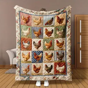 Colorful Plaid Farm Chicken Flannel Throw Blanket, Red Plaid Blue Polka Dot Green Background with Colorful Chickens & Floral Edges, Perfect Holiday Birthday Mothers day Gift, Blankets