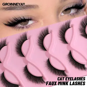 GROINNEYA 5 Pairs Cat Eye Lashes Tail Elongated Eyelashes Fluffy Wispy False Eyelashes Thick Soft Fake Eyelashes Thin Band Faux Mink Eyelashes Long Lasting Eyelashes Perfect For Role-Playing-Reusable