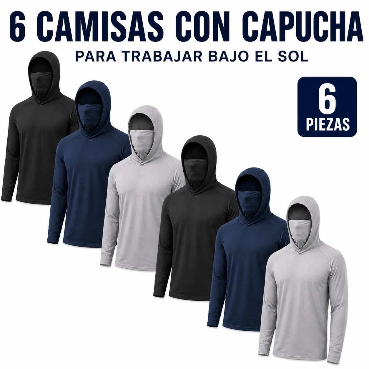 Men's 6-Pack Hooded Long Sleeve Work Shirts, Lightweight Quick-Dry Outdoor Shirts with Face Cover for Construction and Delivery Work