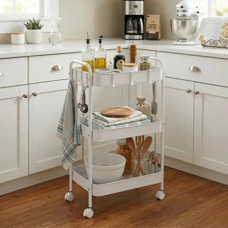 3-Tier Heavy Duty Metal Rolling Storage Cart with Wheels, Hooks & Handle, Mobile Shelving Organizer for Kitchen, Bathroom, Home Organization Needs