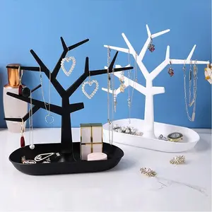 Creative Tree-Shaped Jewelry Stand, Earring Necklace Storage Rack, Desktop Makeup Table Display Holder with Tray, Organizer