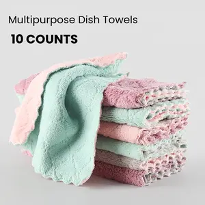 10 Counts Double-Sided Kitchen Towels，Microfiber Coral Velvet Dishtowels Multipurpose Reusable and Durable Cleaning Rags, Thickened Soft Cleaning Cloths  for Kitchen, Sinks, Pots, Pans,Furniture, Wall ,Random Color Dish Towels