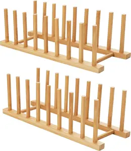 2PCS Bamboo Dish Drying Rack, Plate Bowl Cup Lid Cutting Board Holder, Kitchen Cabinet Organizer Stand, Space Saving Drainer