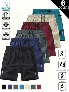 6-pack men’s summer sports casual shorts with zippered pockets, breathable, solid color, relaxed fit, elastic drawstring waist — lightweight, breathable fabric; regular fit suitable for fitness, workouts, and casual wear; ideal for training and everyday u
