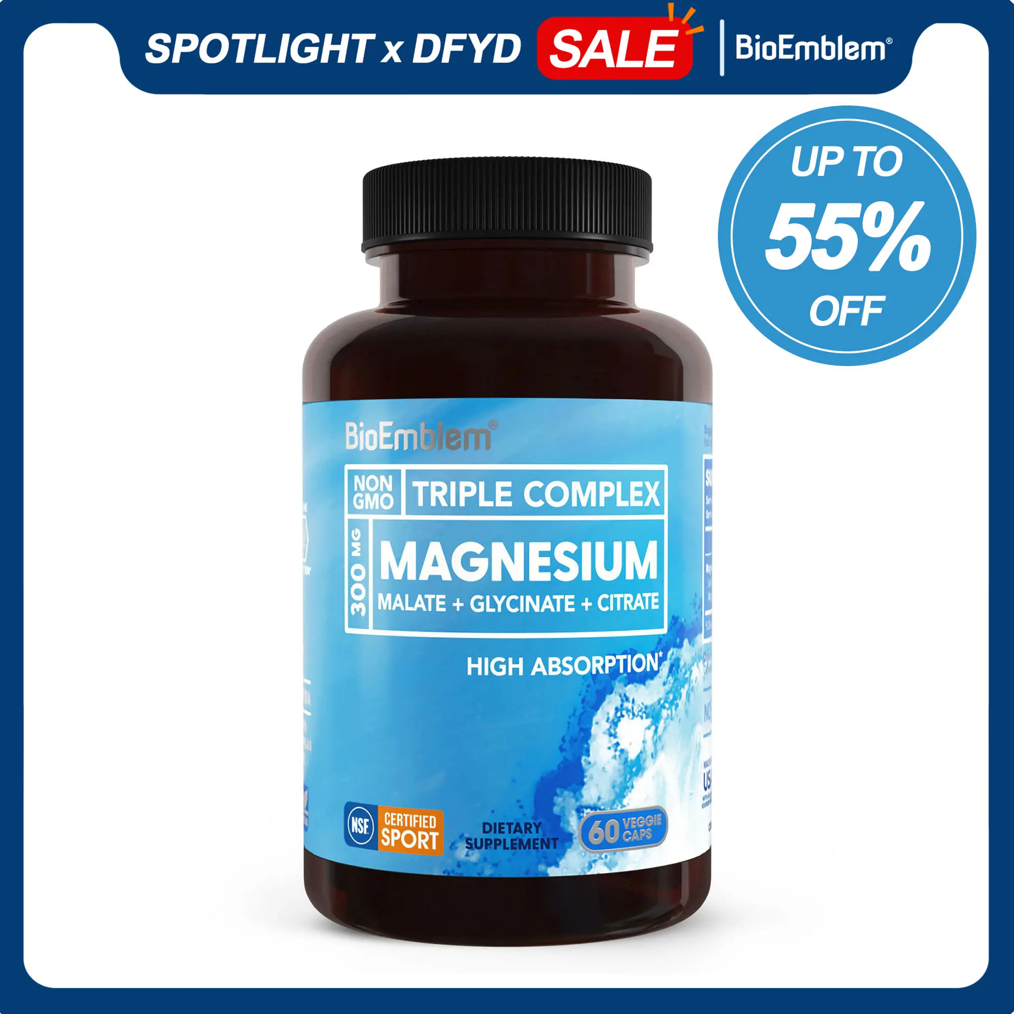 BioEmblem Multi-Ingredient Mineral Dietary Supplement - 300mg Elemental Magnesium - 3-in-1 Citrate, Malate, Magnesium Glycinate - NSF Certified for Sport - GMO Free - Brain Health, Fitness Support - 60 Capsules