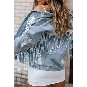 Sky Blue Sequin Embellished Fringe Distressed Denim Jacket