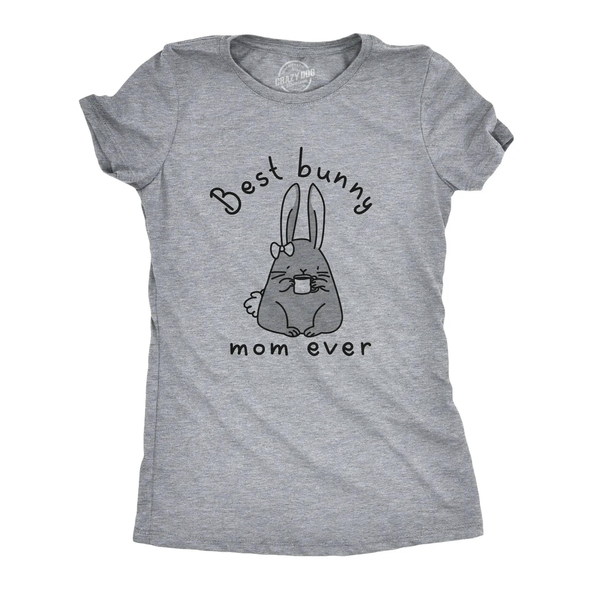CRAZY DOG T-SHIRTS Women's Fitted Light Grey Bunny Mom Apparel - Funny Easter Sunday Print, Cute Vintage Casual Graphic Tee, Bunny Face Graphic Women's T-Shirt, Mother's Day Gift Top