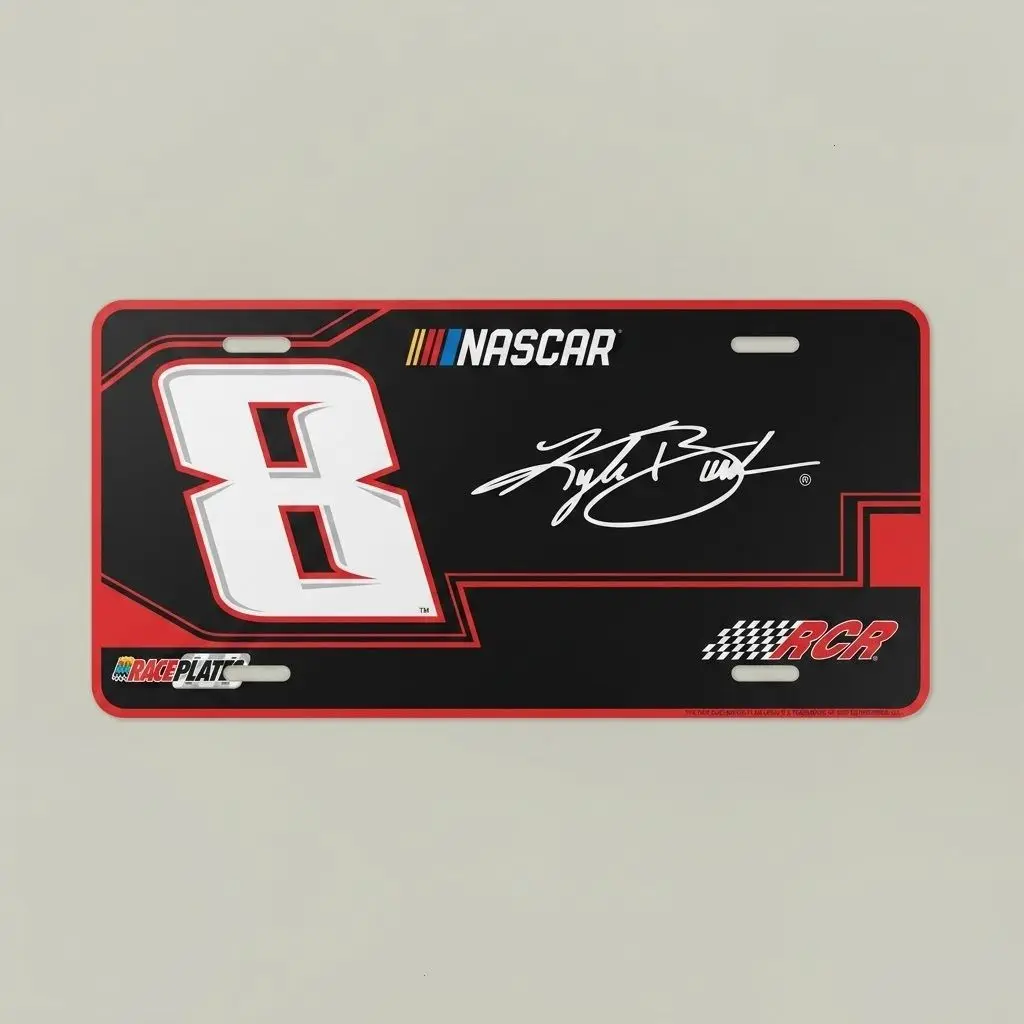 No. 8 Stock Car Racing Front License Plate, Black Red Checkered Auto Tag with Autograph Graphic for Garage and Motorsport Decor