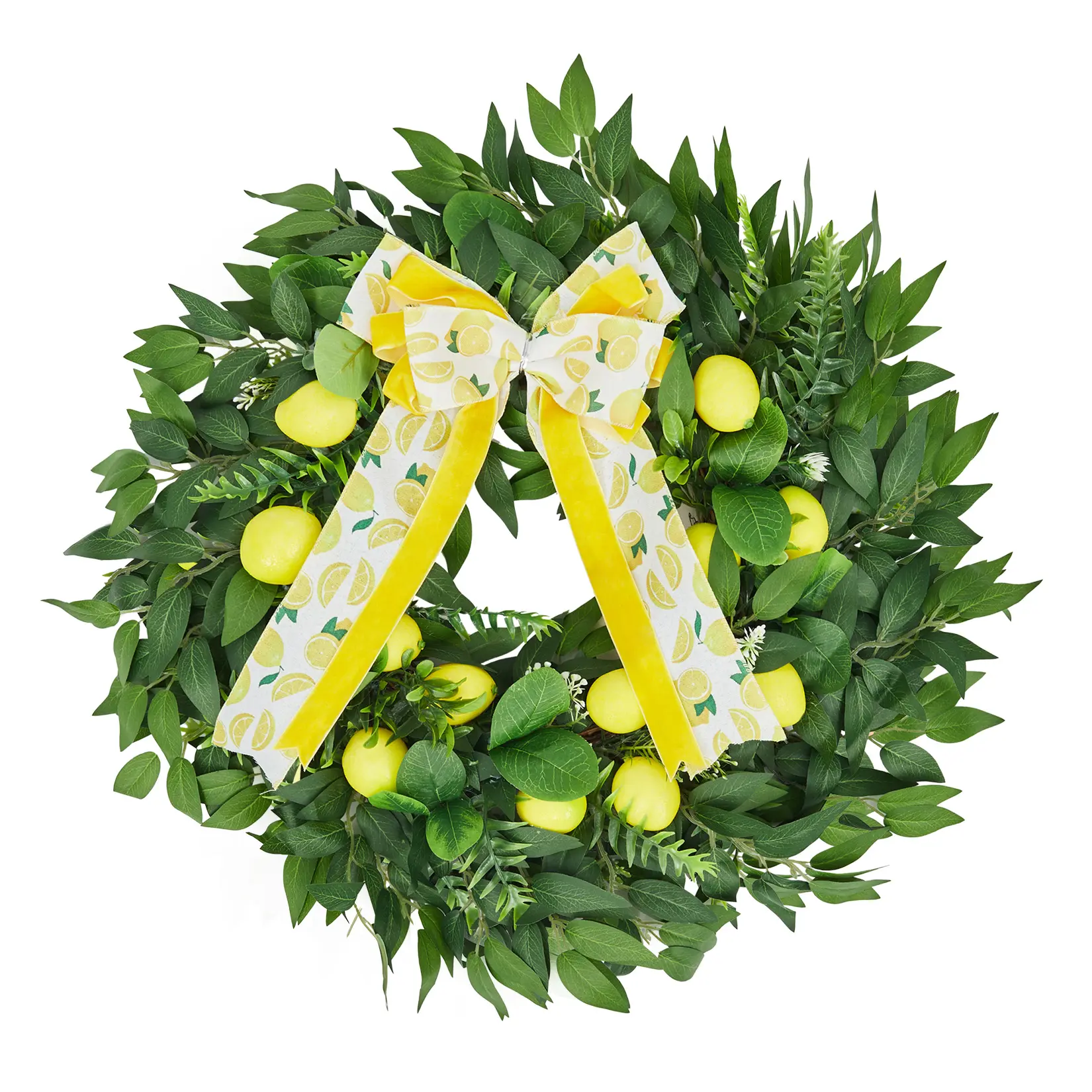 24 Inch All-Season Lemon Wreath, Artificial Spring Summer Wreath with Yellow Lemon and Green Leaf, Polystyrene Foam Wall Porch Decor in Yellow and Green Tone
