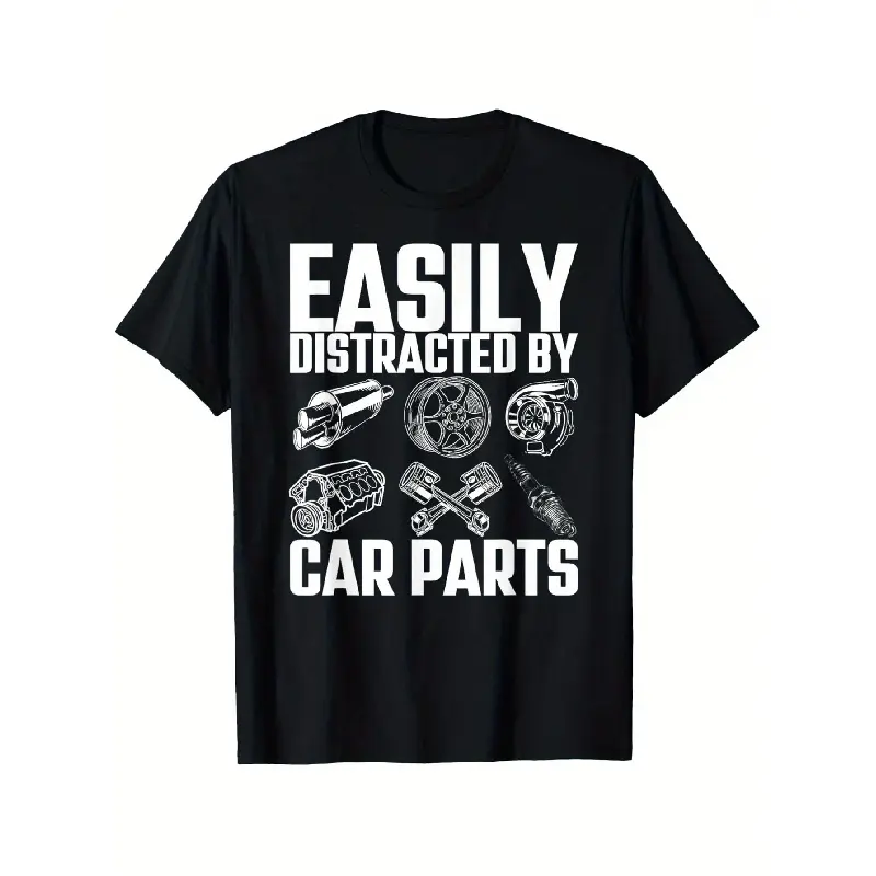 Easily Distracted By Car Parts T-Shirt, Cotton Round Neck Short Sleeve, Engine Line Art Print Tee, Menswear