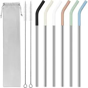30 oz Stainless Metal Straws for 30 oz  Tumbler, 6 count  Straight Long Steel Straws with 12  Tips and 2 Straw Cleaning Brushes (6Color1, 30oz)