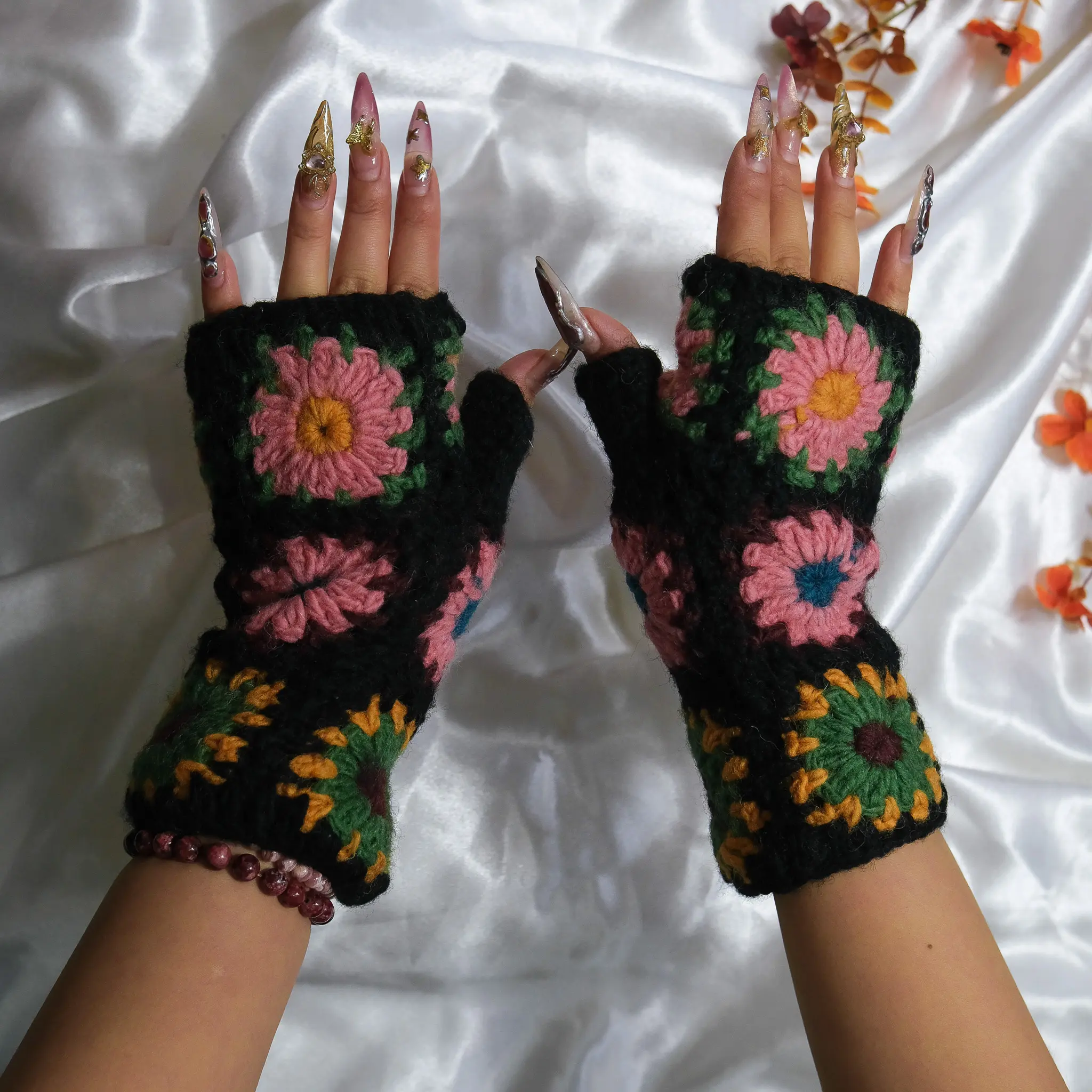 Handknit Crochet Boho Flower Design Handwarmers, Fingerless Winter Gloves with Fleece Lining, Mittens, Wool Wrist warmer, Winter Accessories