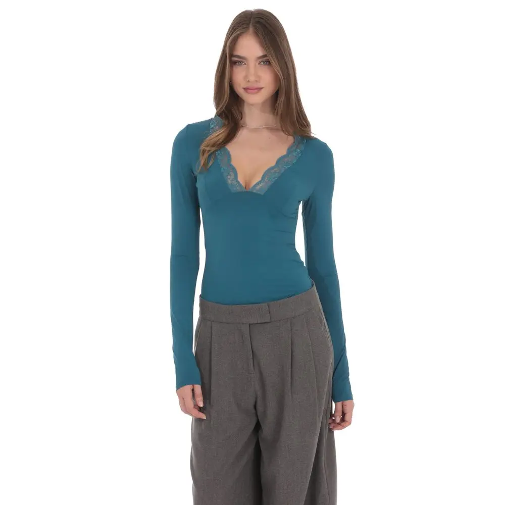 Lace V-Neck Top in Teal