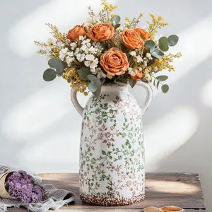 Enra Large Vintage Green and Beige Ceramic Chinoiserie Floral Vase, 11.2 Inch Rustic Decorative Flower Vase for Home, Living Room, Kitchen, or Office – Pastoral Retro Design