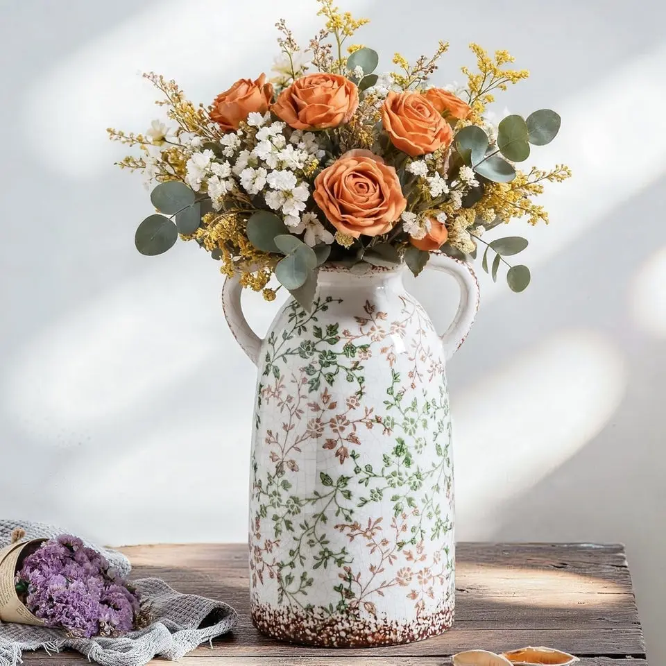 Enra Large Vintage Green and Beige Ceramic Chinoiserie Floral Vase, 11.2 Inch Rustic Decorative Flower Vase for Home, Living Room, Kitchen, or Office – Pastoral Retro Design