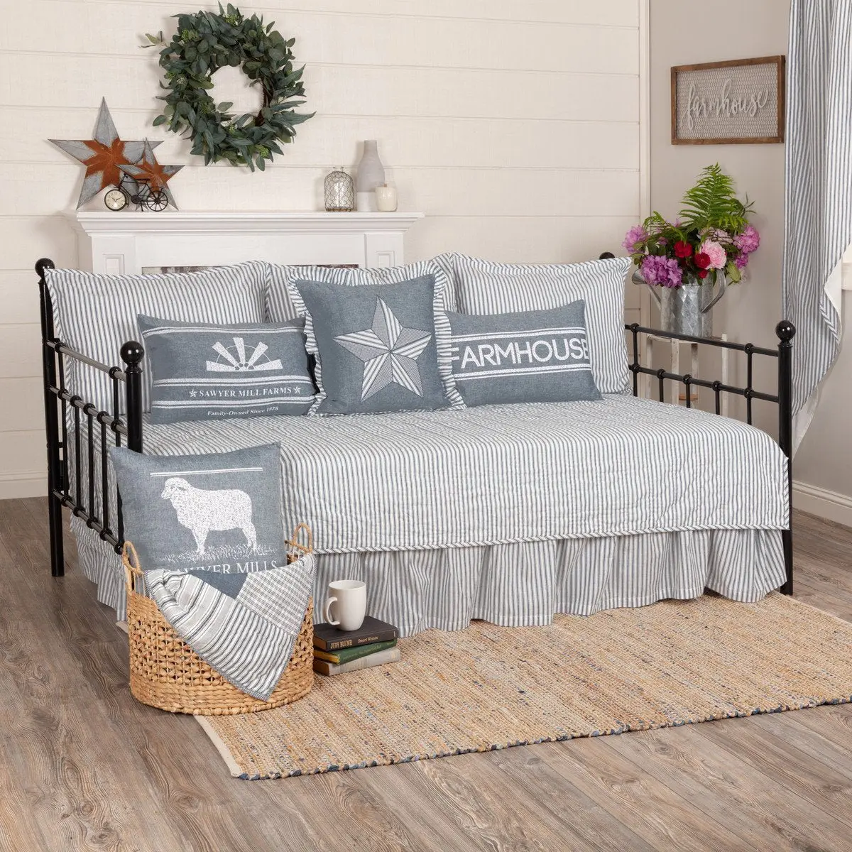 Vintage Farm 100% Cotton Blue Ticking Stripe Daybed Bedding Set, Channel Quilting Bed Comforter Set