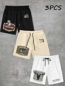 Men's Camo Duck Deer Head Print Drawstring Shorts Set, 3 Pcs Loose Fit Five-Quarter Pants, Casual Street Style Outdoor Wear