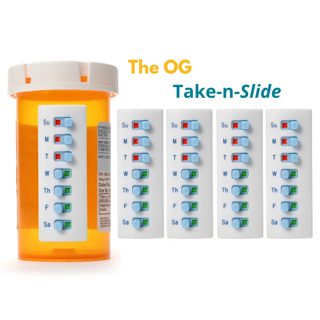 5 Pack Take-n-Slide Original Medication Tracker – Reusable Pill Bottle Tracker to Prevent Missed or Double Doses, Fits Prescription, Vitamin & Pet Bottles