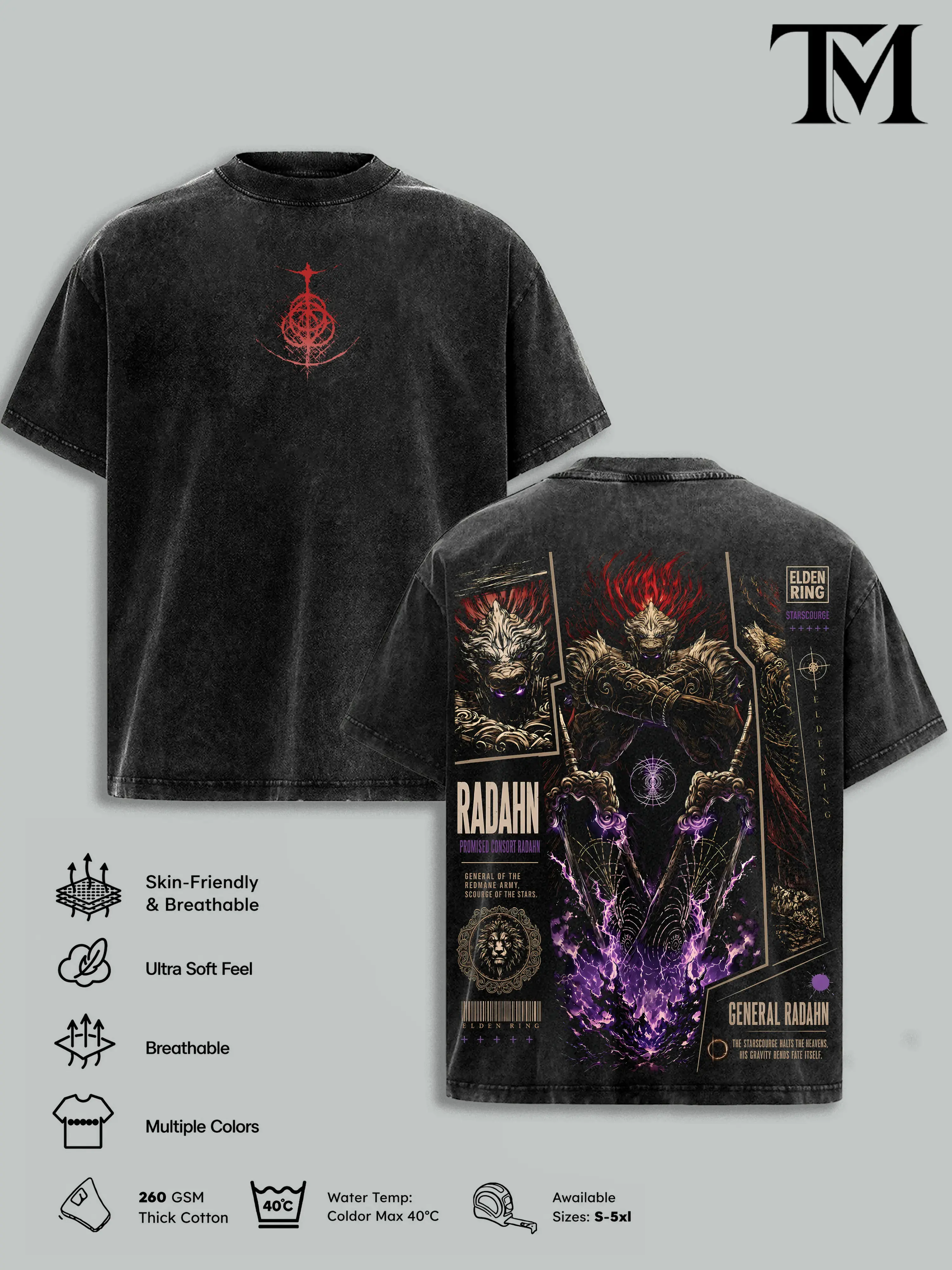 5 Design Elden Ring Vintage Washed Oversized T-Shirt, Ranni, Malenia, Radahn, Maliketh Dark Fantasy Graphic Tee, Tarnished Soulslike RPG Streetwear, Heavyweight Cotton FromSoftware Gamer Merch, Gift for Elden Ring Fans