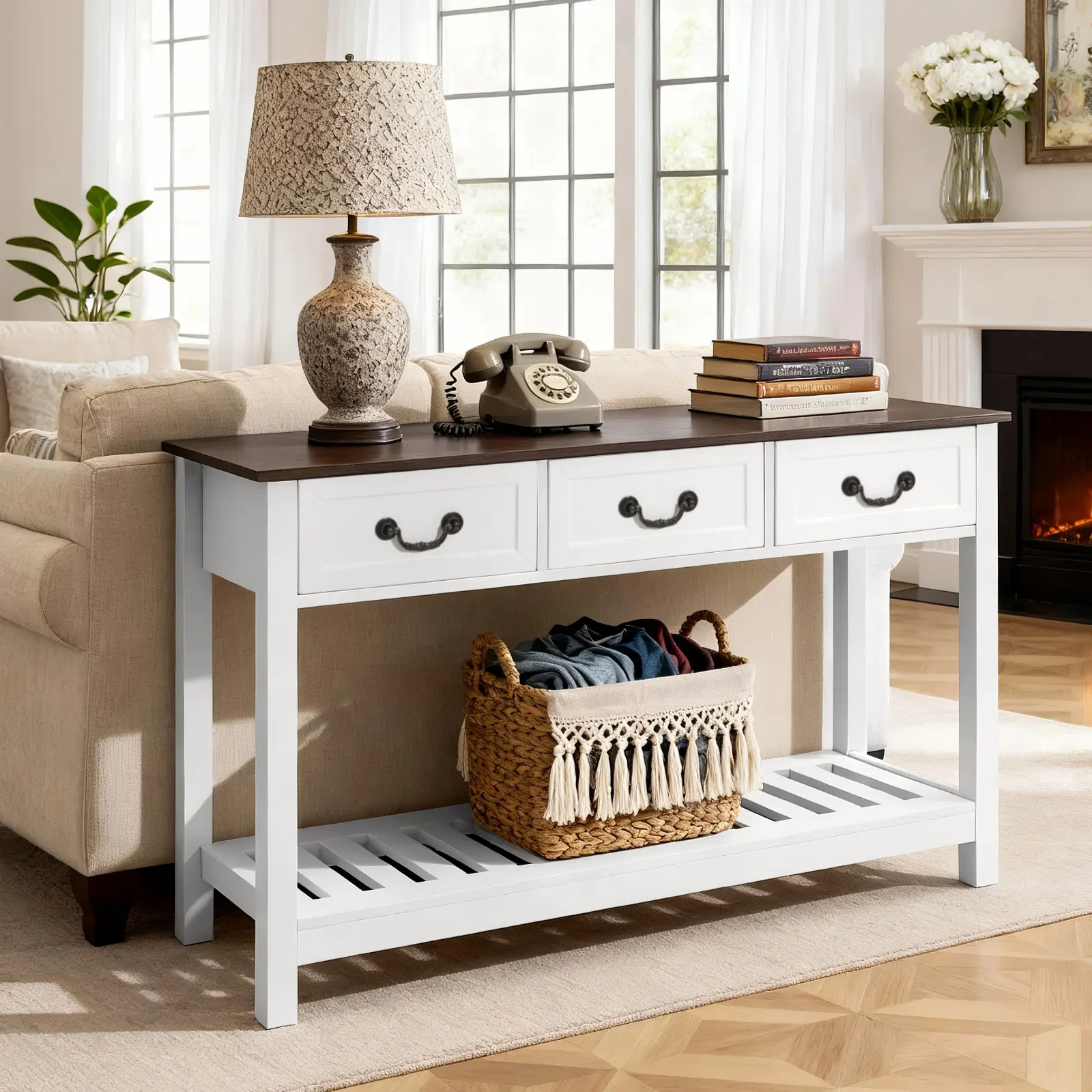 VEVOR 47 in Console Table, Farmhouse Desk Behind the Couch with Drawers and Bottom Storage Shelf, Wooden Rectangle Entrance Narrow Sofa Table for Hallway, Bedroom, Living Room, Foyer, Brown + White