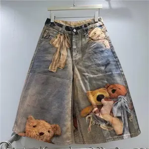 Women's Vintage Bear Print Baggy Denim Shorts, High Waist Wide Leg Distressed Wash Culottes with Teddy Bear Graphic & Ribbon Detail, Y2K Grunge Streetwear Casual Bottoms