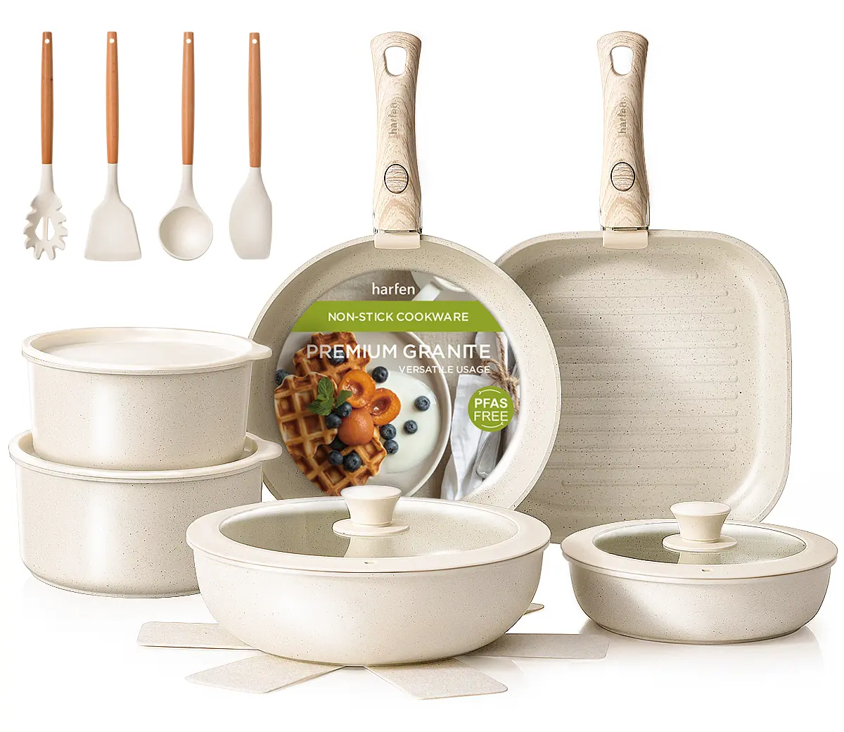 Harfen 21 Pcs Pots and Pans Set Non Stick, Ceramic Cookware Set Detachable Handle, PFAS & PFOA Free, Dishwasher& Oven Safe, Space Saving, for Kitchen/RV/Camping