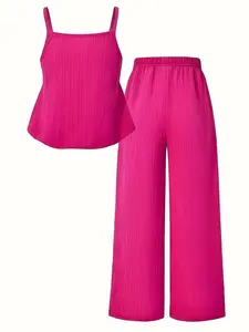 Summer Elegant Vacation Style Halter Top with Wide Leg Pants Set, Perfect for Vacations and Sister Matching