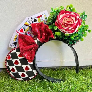 Queen of Hearts Mouse Ears with Card Deck, Sequin Bow, and Hand Painted Rose - Unique Design for Events, Theme Parks, and Costumes