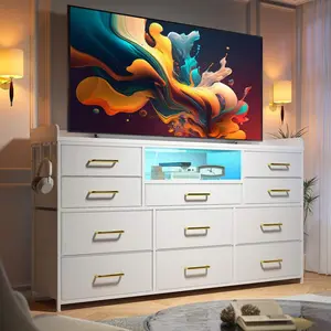 Dresser For Bedroom With 11 Drawers 60" TV Stand With LED Lights & Charging Station Long Dresser With Shelves & 4 Hooks,Sturdy Metal Frame & Fabric Drawers