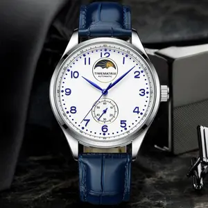 All Silver Stainless Steel Men’s Automatic Mechanical Watch, Clean White Dial with Large Blue Arabic Numerals, Moon Phase Complication Window, Independent Small Second Subdial, Bright Blue Hands, Deep Blue Crocodile Grain Genuine Leather Strap
