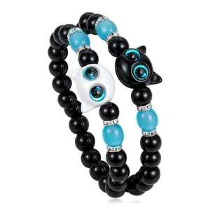 2Pcs Whimsy Cat Glow-in-the-Dark Cartoon Cat Beaded Stretch Bracelet Set, Resin Rhinestone Mosaic, Glitter Style, Daily & Party Wear, Unisex Jewelry Bracelet Set Gift