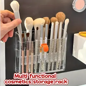 16-Slot Self-Adhesive Wall-Mounted Vanity Organizer, Suitable for Storing Makeup Brushes, Eyeliners, Lip Liners, and Eyebrow Pencils. A Pen, Lip, and Eyeliner Storage Rack, Cosmetic Display Cabinet for Vanity and Bathroom. Made of Transparent